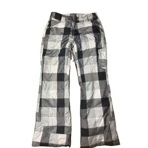 Oakley Snowboard Ski Pants Plaid Gray White Teal Pockets Buttons Womens Small‎